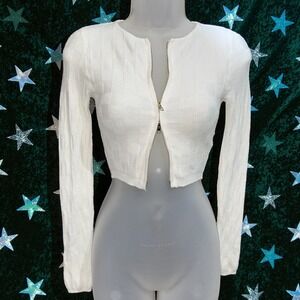 New XS Fashion Nova White Textured Cropped Zip Up Cardigan Sweater Long Sleeve